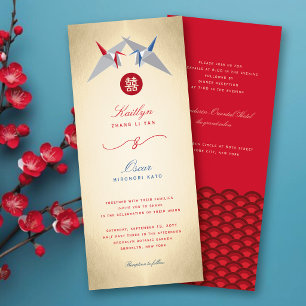 Invitation Grues en papier rouge/bleu Origami 囍 Mariage chino