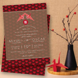 Invitation Grues en papier rouge Origami Coquille 囍 Mariage a