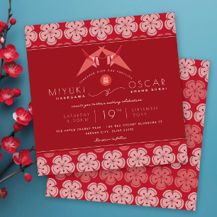 Invitation Grues en papier rouge Origami & Mariage asiatique