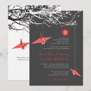 Invitation Grues en papier rouge suspendues Citation d'amour 