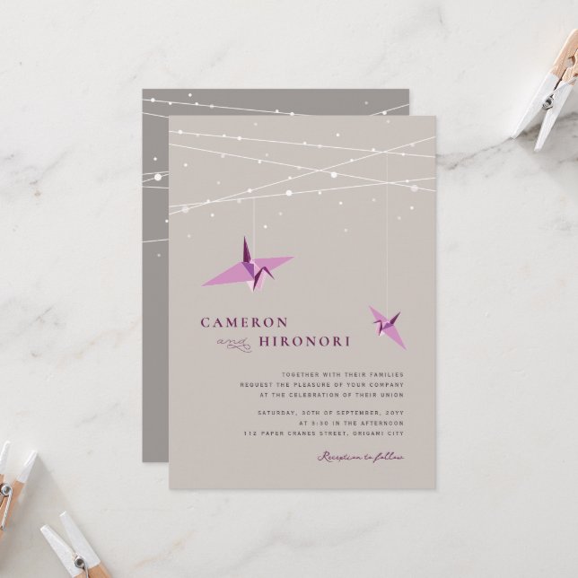 Invitation Grues en papier violet Fairy Lights Mariage asiati (Devant/Arrière en situation)