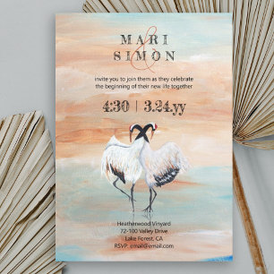 Invitation Grues japonaises, Beige, Mariage Turquoise