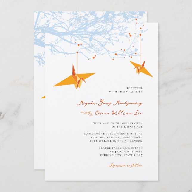 Invitation Grues origami orange suspendus et citation d'amour (Devant / Derrière)