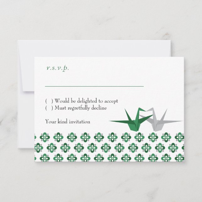 Invitation Grues Origami vert / Argent Grues Mariage RSVP (Devant)