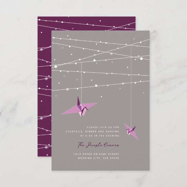 Invitation Grues Papier Violet Fée Lumières Mariage Réception (Devant / Derrière)