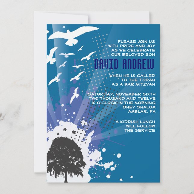 Invitation GRUNDGE TREE AVEC OISEAUX Bar Bat mitzvah Invitati (Devant)