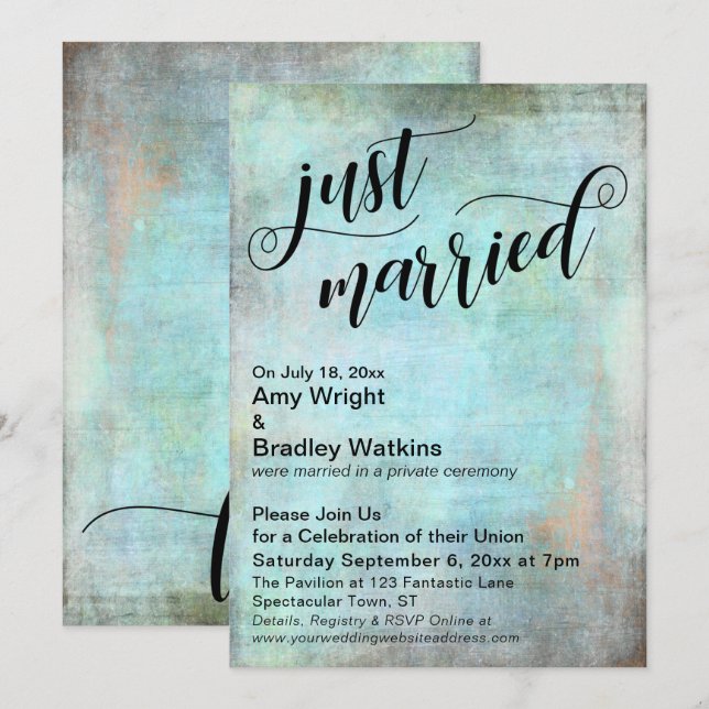 Invitation Grunge Aqua Célébration de mariage juste après la  (Devant / Derrière)
