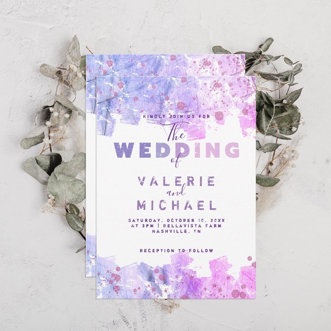 Invitation Grunge artistique moderne Mariage rose et violet (Créateur téléchargé)