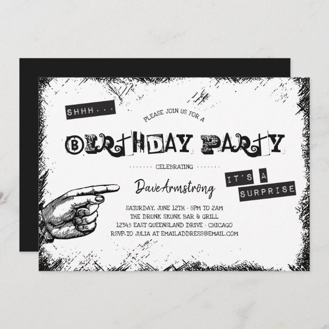 Invitation Grunge Black and White Surprise Birthday Party (Devant / Derrière)