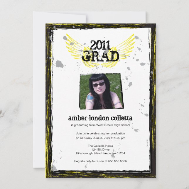 Invitation Grunge Black and Yellow Wings Graduation (Devant)