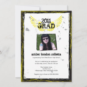Invitation Grunge Black and Yellow Wings Graduation