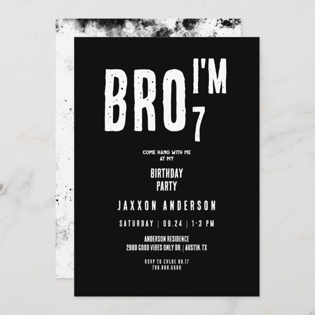 Invitation Grunge Black & White Boy Birthday Party (Devant / Derrière)