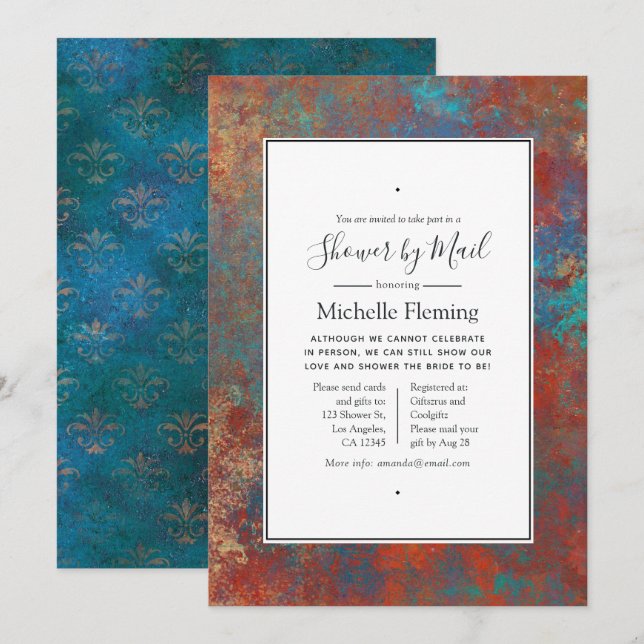 Invitation Grunge Copper Patina et douche Turquoise par la po (Devant / Derrière)