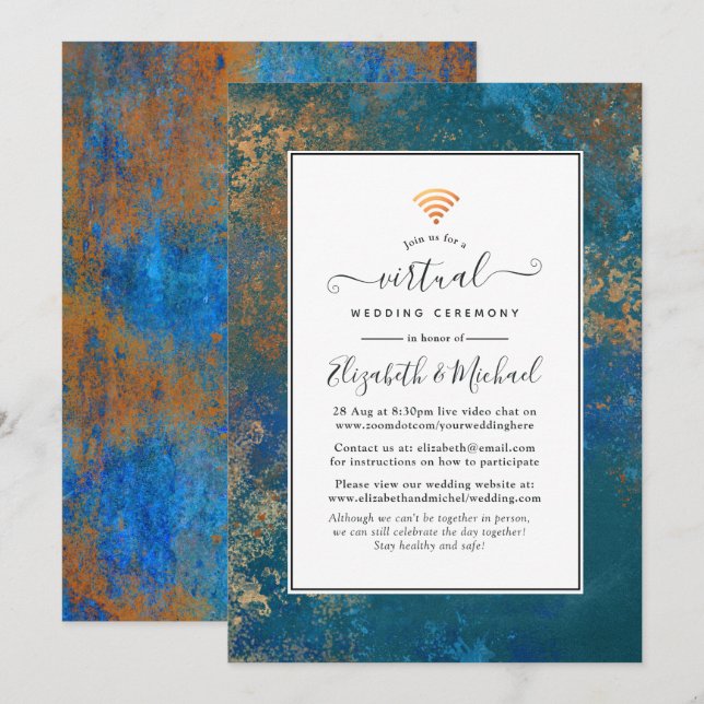 Invitation Grunge Cuivre Patina & Turquoise Mariage virtuel (Devant / Derrière)