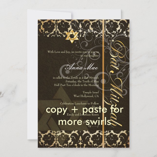 Invitation Grunge Damask Bat mitzvah/noir/or (Devant)