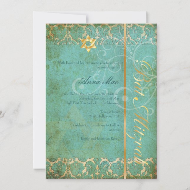 Invitation Grunge Damask Bat mitzvah/turquoise/or (Devant)