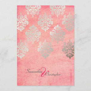 Invitation Grunge Damask/Pink/faux silver