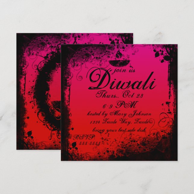 Invitation Grunge Diwali Deepa rose et orange (Devant / Derrière)