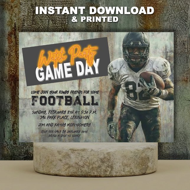 Invitation Grunge Football Super Player Party (Grunge American football player Super Bowl party invitations - INSTANT DOWNLOAD and/or PRINTED)