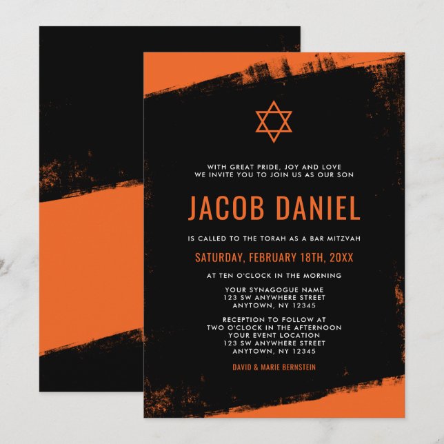 Invitation Grunge Orange Black Bar Mitzvah (Devant / Derrière)