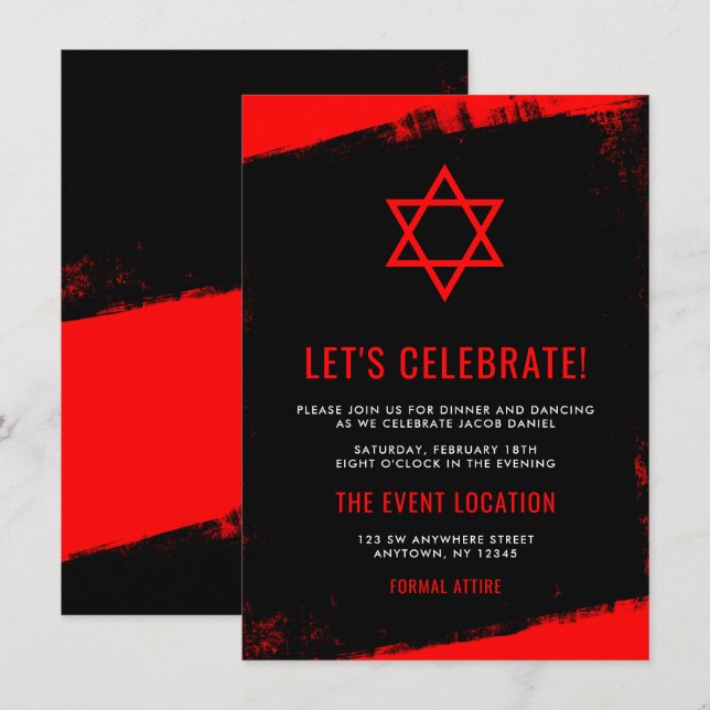 Invitation Grunge Red Black Bar Mitzvah Réception (Devant / Derrière)