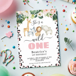 Invitation Guépard Rose Fille Premier Anniversaire Sauvage