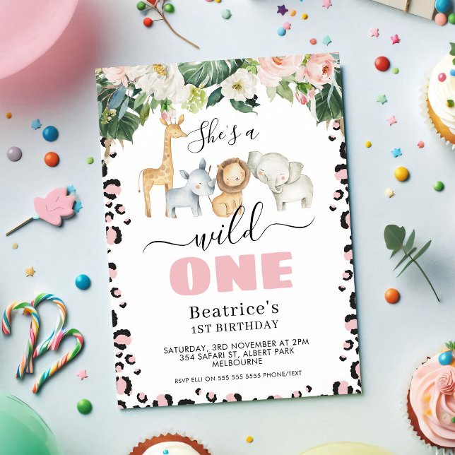 Invitation Guépard Rose Fille Premier Anniversaire Sauvage (Créateur téléchargé)