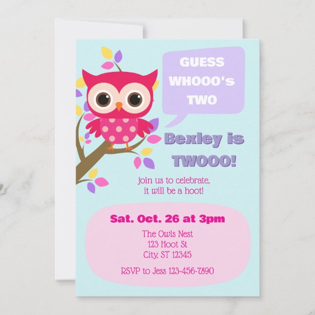 Invitation Guess Who's Two, Pink Owl 2nd Birthday (Devant)