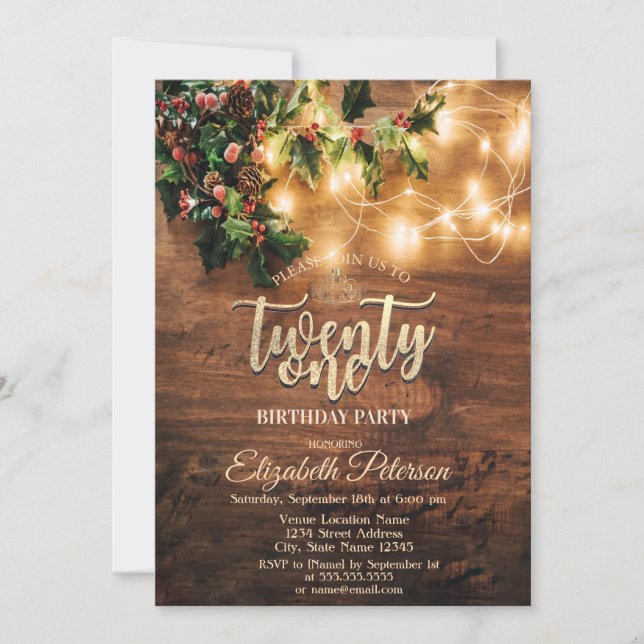 Invitation Gui rustique,Guirlandes lumineuses, Bois 21e Anniv (Devant)