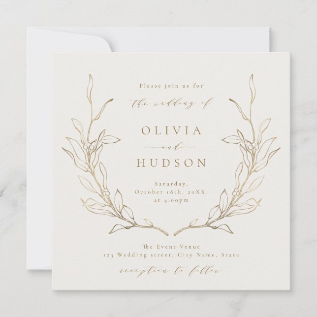 Invitation Guirlande botanique simple d'or mariage rustique i (Devant)