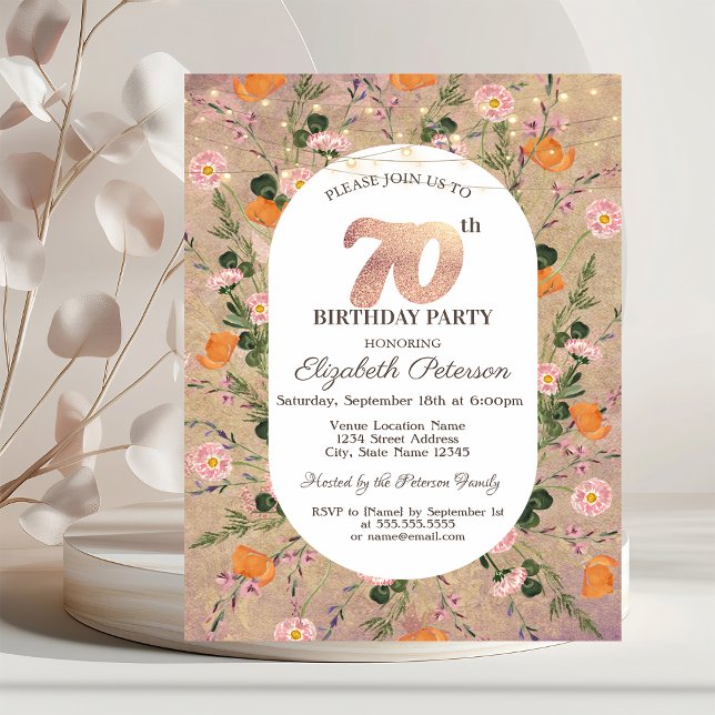 Invitation Guirlande de fleurs sauvages orange 70e anniversai (Créateur téléchargé)