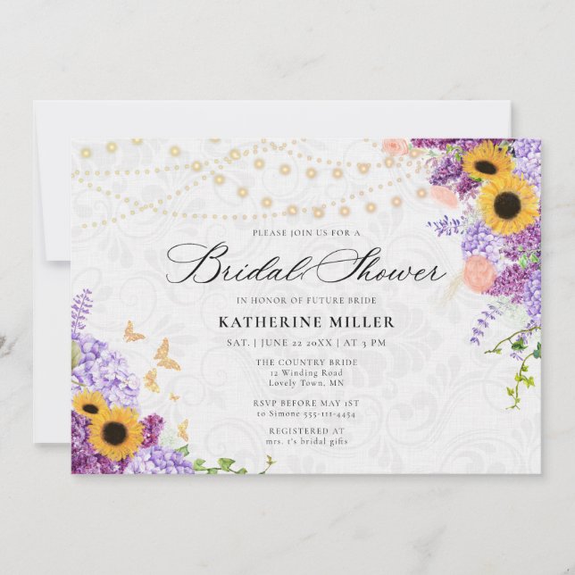 Invitation Guirlande de lilas et tournesols pour mariage rust (Devant)