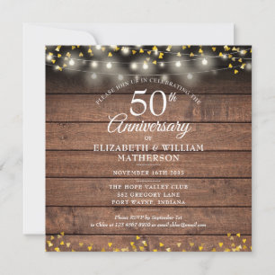 Invitation Guirlande de lumières à cœurs dorés pour le 50e an