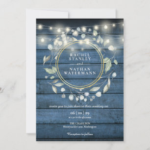 Invitation Guirlande de lumières bleue en bois rustique pour