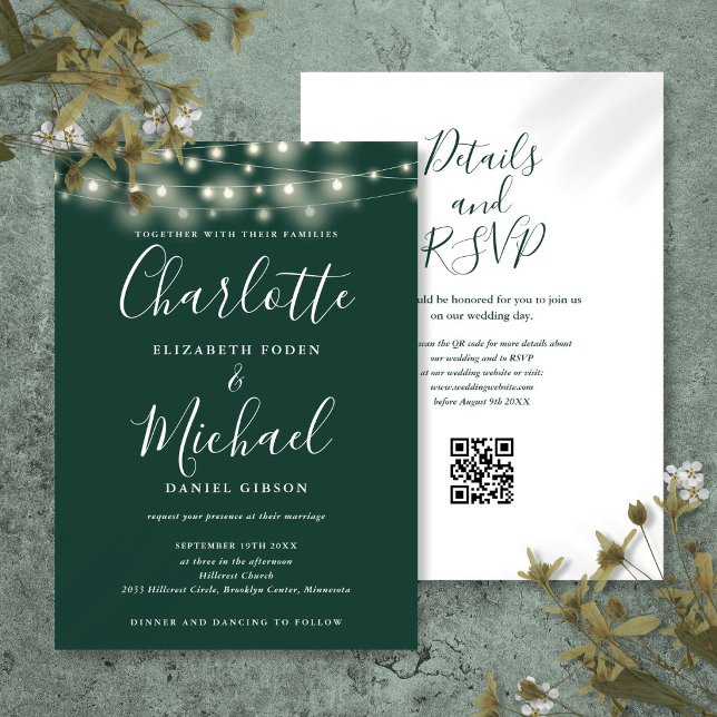 Invitation Guirlande de lumières de mariage Code QR Vert Emer (String Lights Script Emerald Green QR Code Wedding Invitation
)