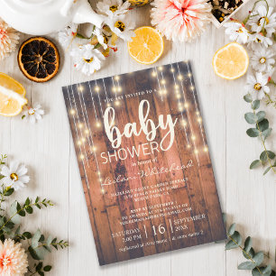 Invitation Guirlande de lumières en bois rustique Baby Shower