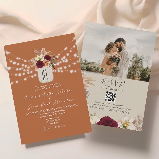 Invitation Guirlande de lumières orange Code QR de mariage fl (Créateur téléchargé)
