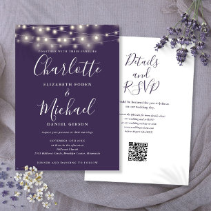 Invitation Guirlande de lumières Script Code QR violet Mariag