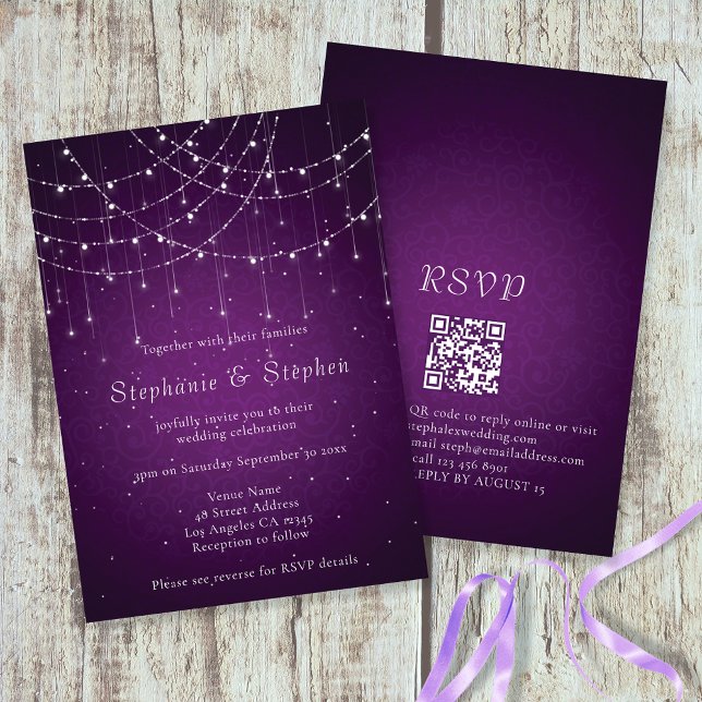 Invitation Guirlande de lumières violettes élégantes Code QR  (Créateur téléchargé)