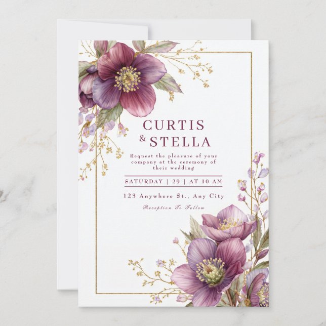 Invitation Guirlande de mariage pailletée or Hellebore prune  (Devant)