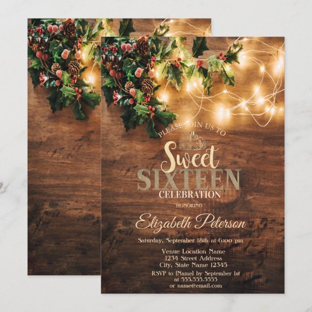 Invitation Guirlande de Noël rustique,Lumières en forme de ch (Devant / Derrière)