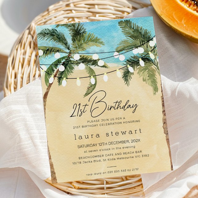 Invitation Guirlande de palmiers à l'aquarelle pour 21e anniv (Beach Party 21st Birthday Party Invitation, Palm Trees Fairy Lights, Beach Restaurant Birthday)