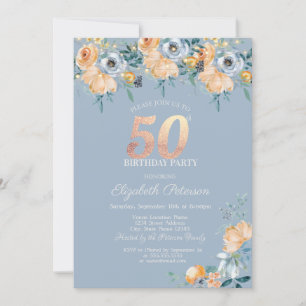 Invitation Guirlande de Roses Bleu Poussiéreux 50e Anniversai