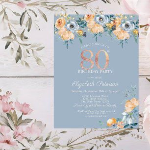 Invitation Guirlande de Roses Bleu Poussiéreux 80ème Annivers