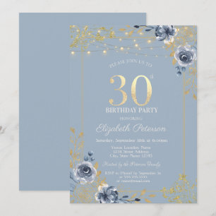 Invitation Guirlande de Roses Bleues Lumières Bleu Poussiéreu