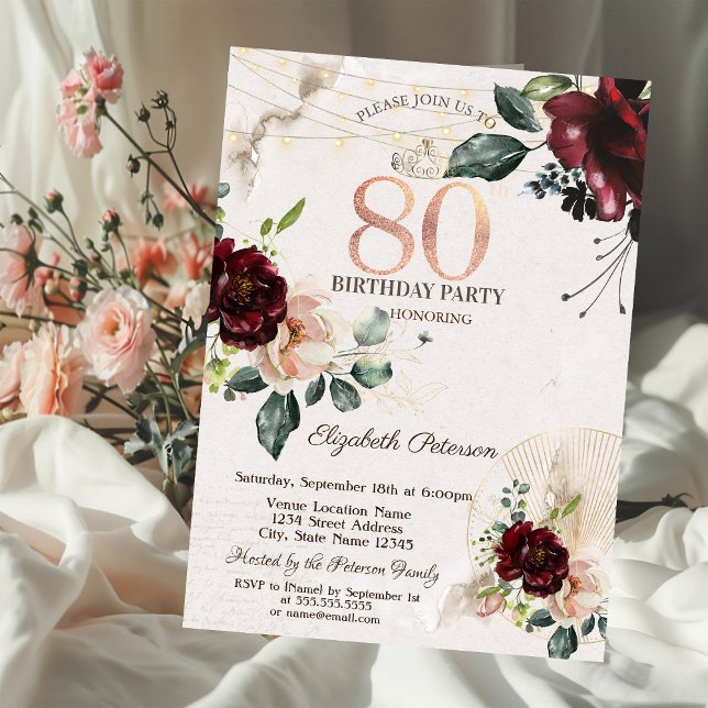 Invitation Guirlande de roses de Bourgogne pour 80 ans (Créateur téléchargé)