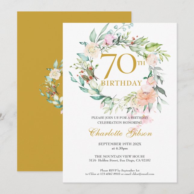 Invitation Guirlande de roses d'été avec monogramme 70e anniv (Devant / Derrière)