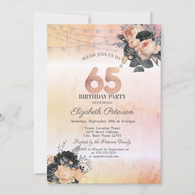 Invitation Guirlande de roses orange chic pour 65e anniversai (Devant)