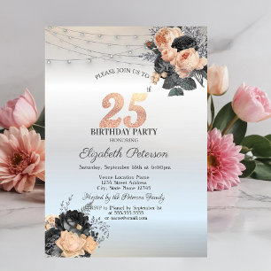 Invitation Guirlande de roses oranges lumières argentées 25e 