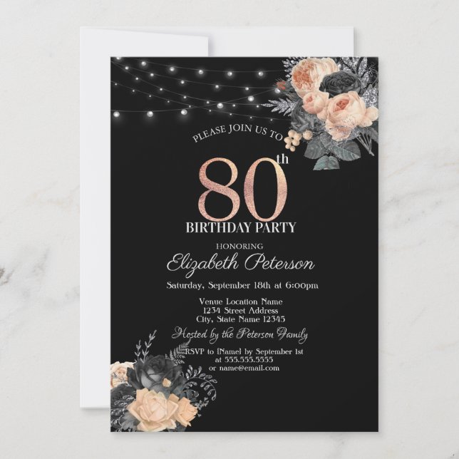 Invitation Guirlande de roses oranges sur fil Noir 80e Annive (Devant)